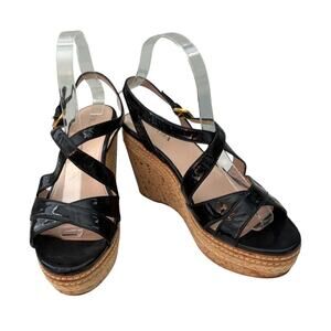 PRADA Vitello Shine Leather and Cork Espadrille Wedge Sandals Black Size 39 (9)
